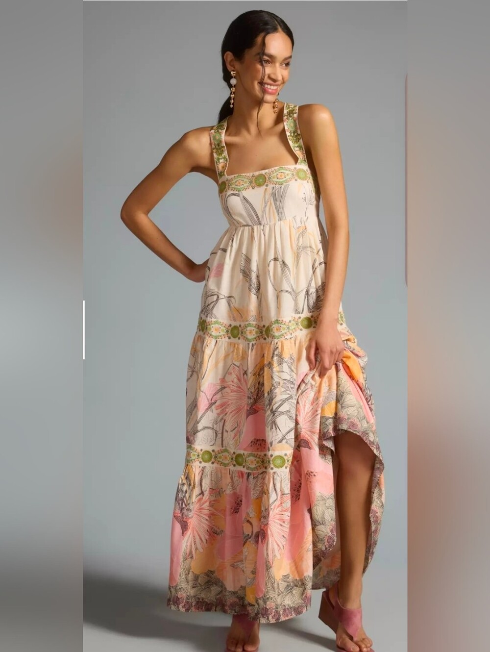 Anthropologie Square-Neck Floral Tiered Maxi Dress Large Petite